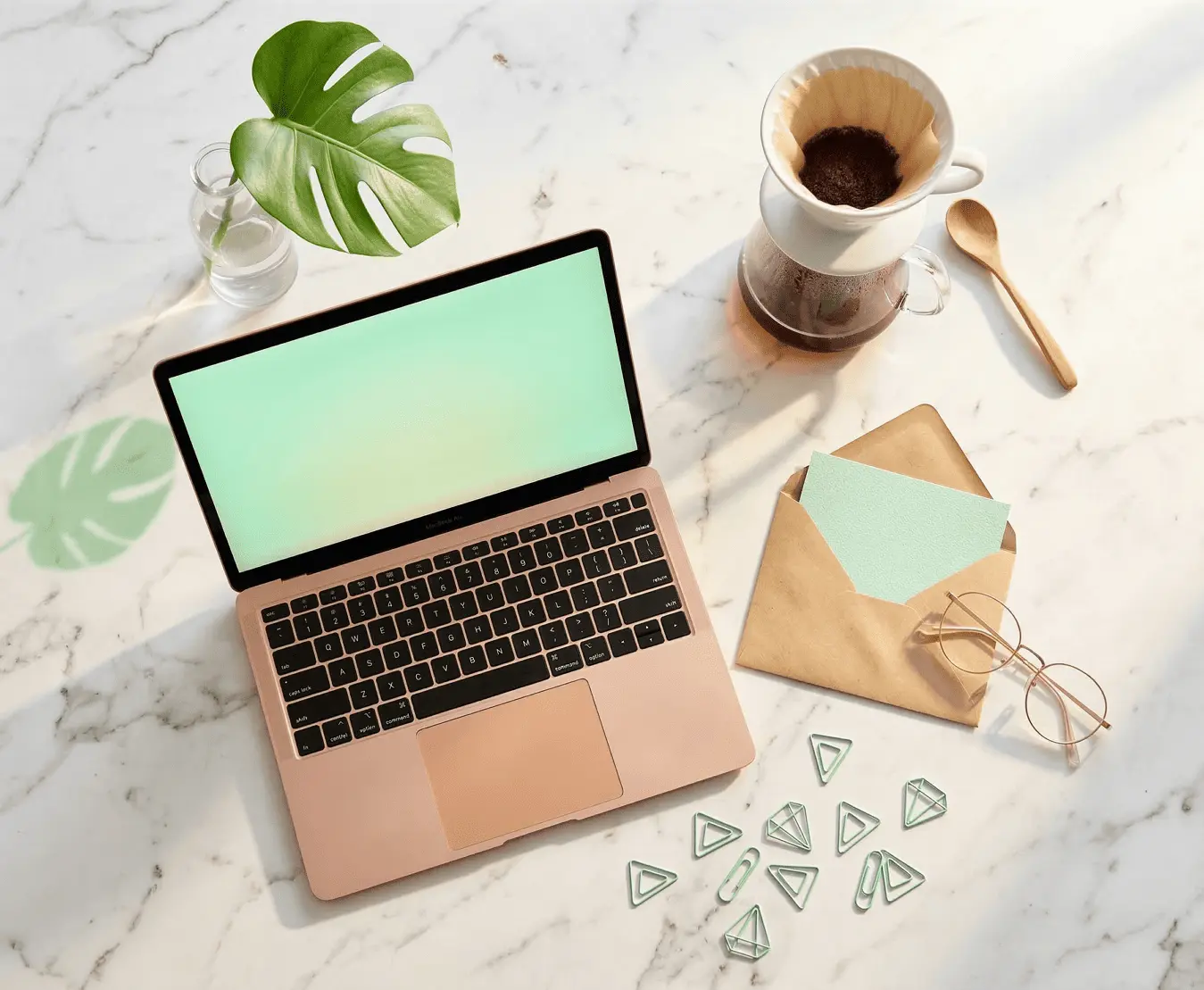 白色大理石桌面俯拍：玫瑰金筆電螢幕映著薄荷綠光、玻璃瓶中的龜背芋葉、手沖咖啡壺與散落的薄荷綠幾何迴紋針